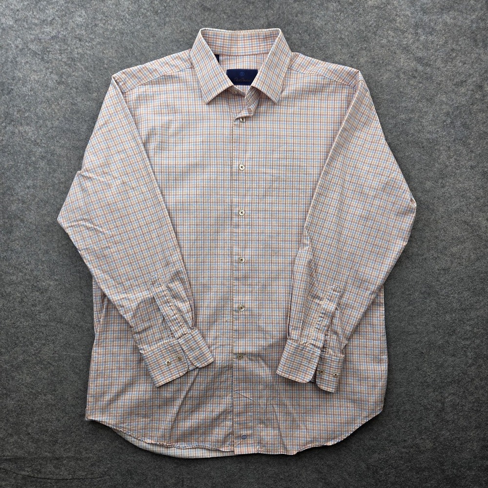 David Donahue Dress Shirt Men 16 32/33 Orange Blue Check Regular Fit Long Sleeve